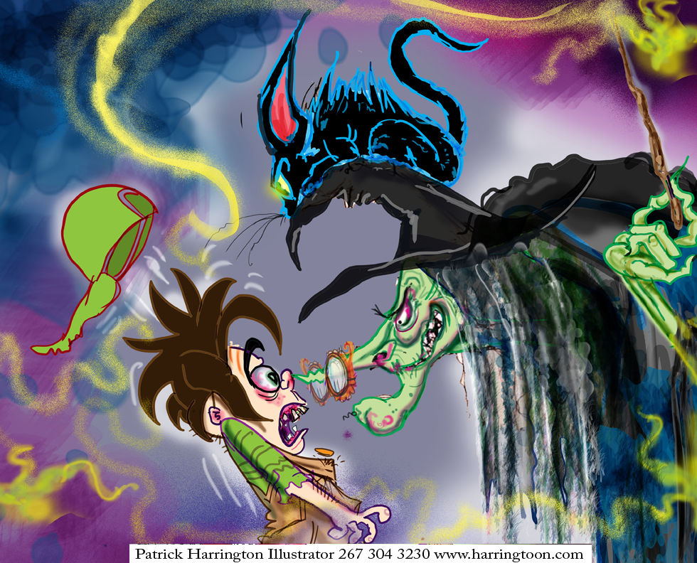 Kids Bookillustration That’s Not Chocolate, Nigel! Young boy extremely frightened of ugly mean witch with pointy long nose and warted chin and black hat with black cat on top of hat. Witch’s green hand is casting a spell and blowing boys green hat off.