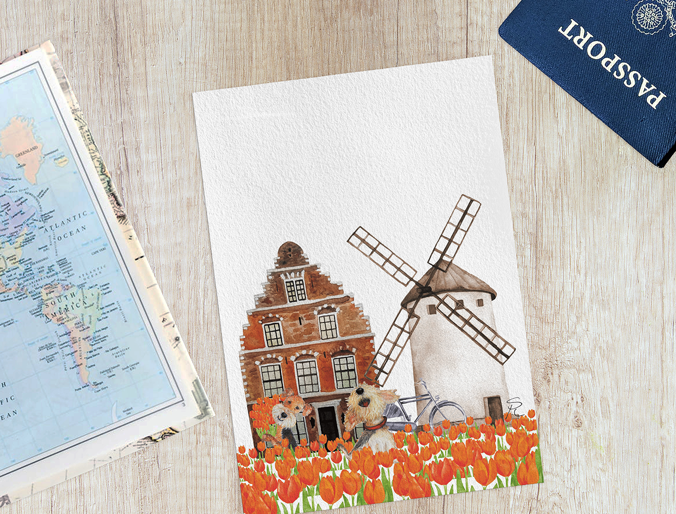 Netherlands tulip field fox and welsh / airedale terrier dogs greeting card