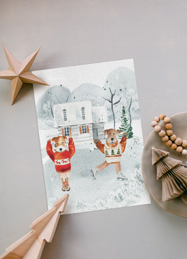 Ice skating fox and welsh/airedale terrier Christmas card
