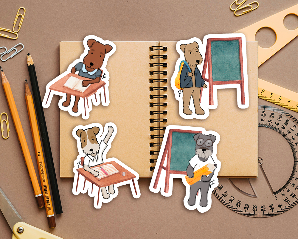 School classroom fox, welsh/airedale, lakeland terrier, schnauzer dogs stickers