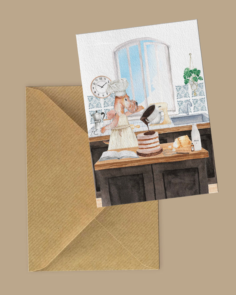 Thumbnail: Birthday baking fox and welsh/airedale terrier dogs greeting card