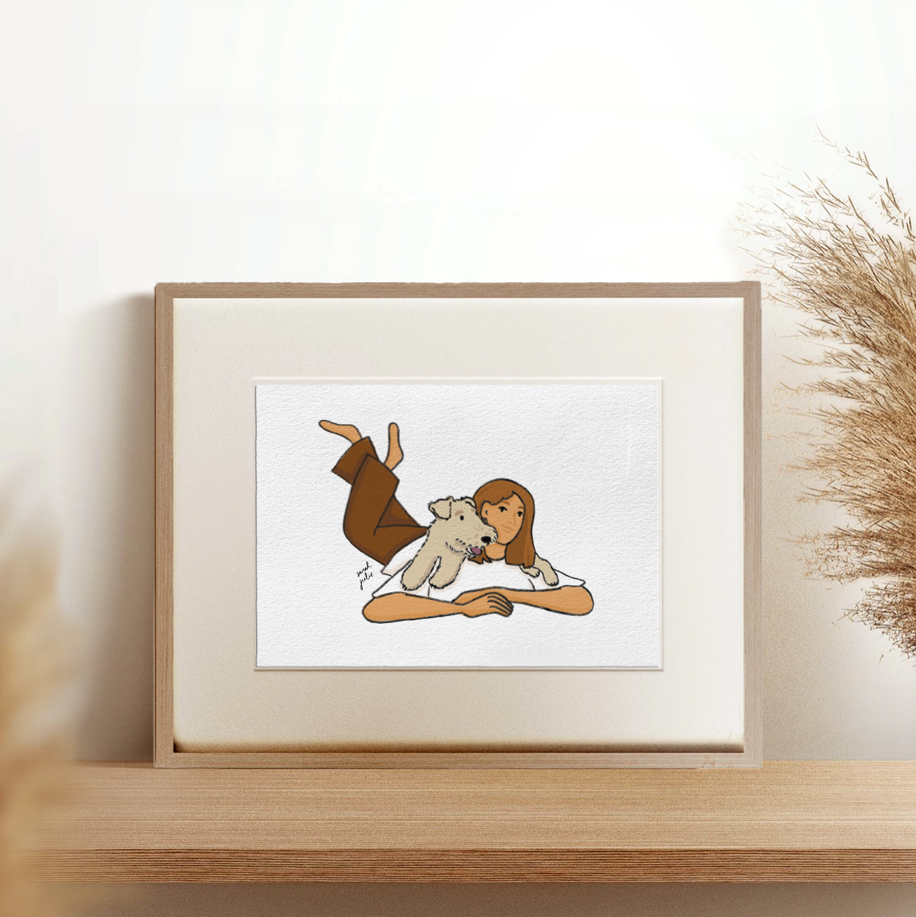 Woman with fox / lakeland terrier on her back art print