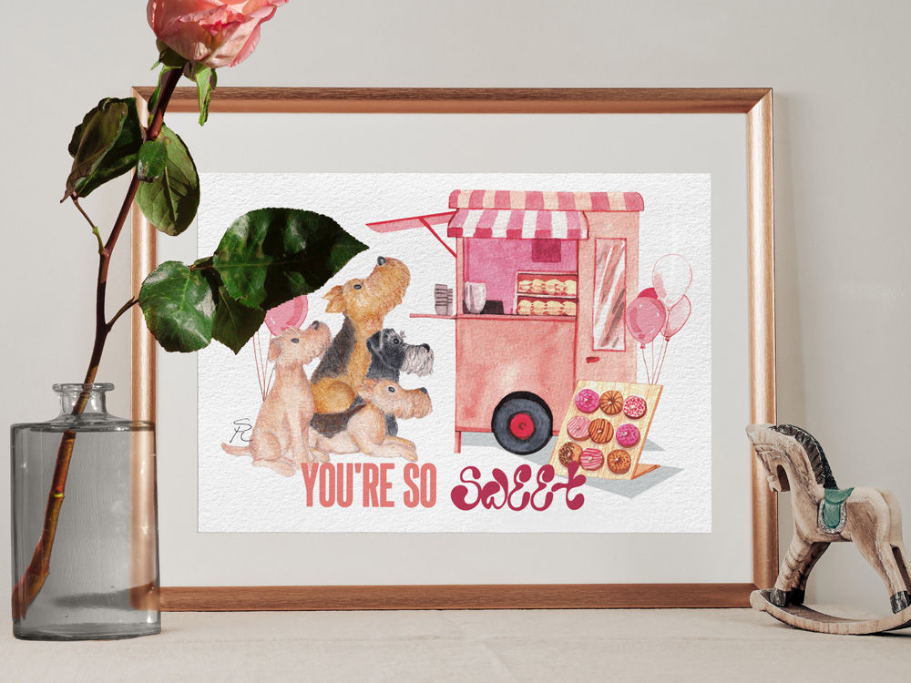 Pink sweets shop welsh, airedale, lakeland and schnauzer art print