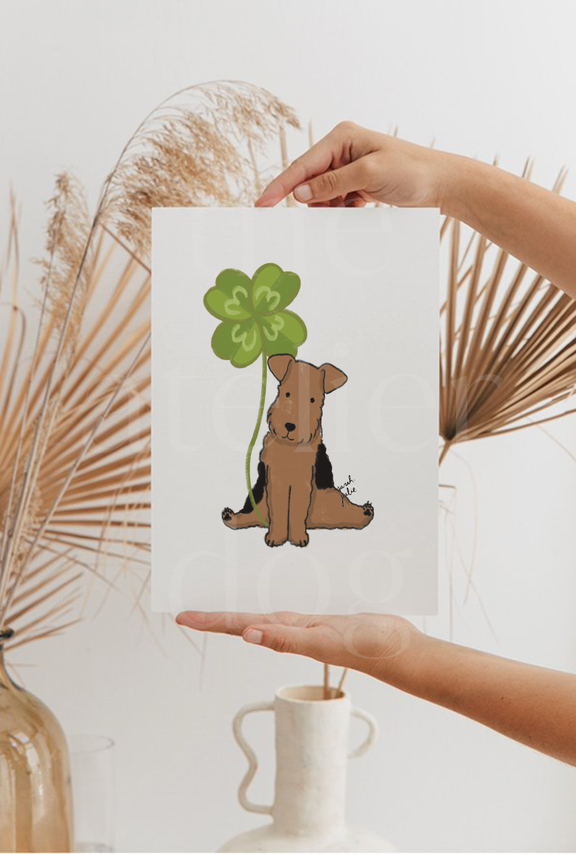 Welsh / Airedale Terrier dog with clover art print
