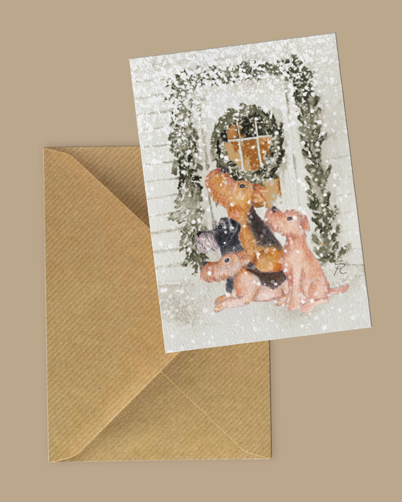 Thumbnail: Dog under the snow in front of a door greeting card