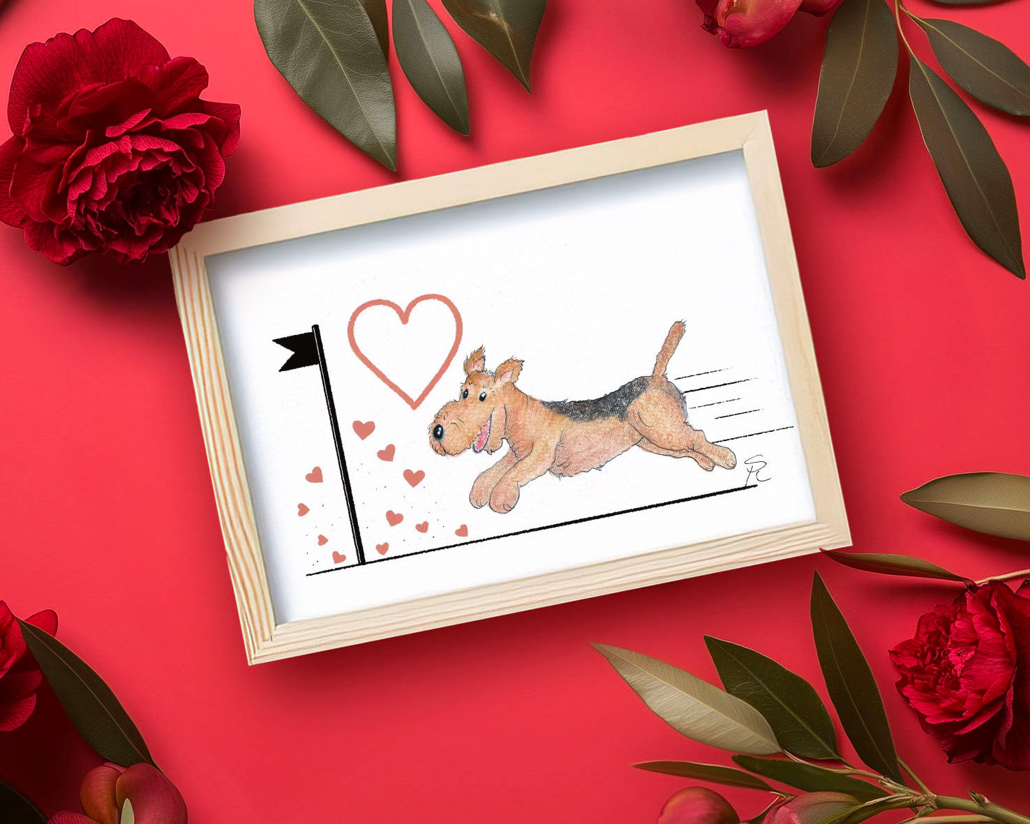 Heart race fox and welsh/airedale terrier dog art print