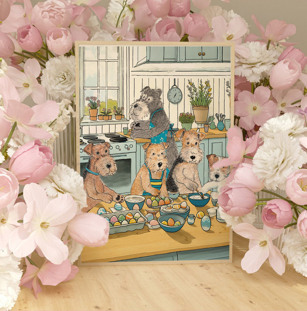 Dogs painting easter eggs art print