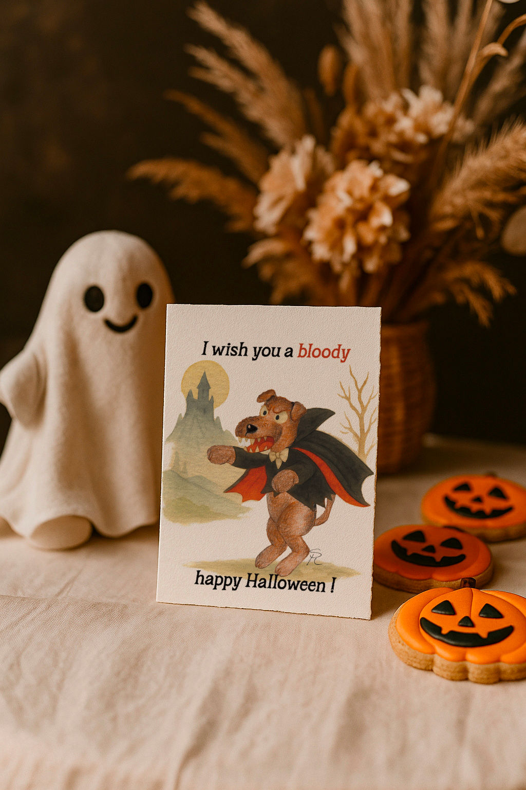 Welsh/Airedale terrier dog Dracula vampire halloween greeting card
