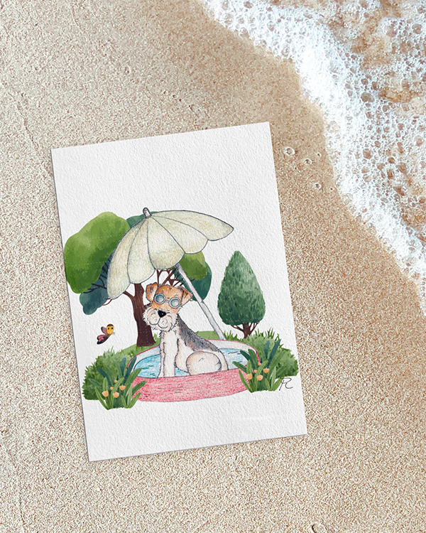 Fox terrier dog in an inflatable pool greeting card