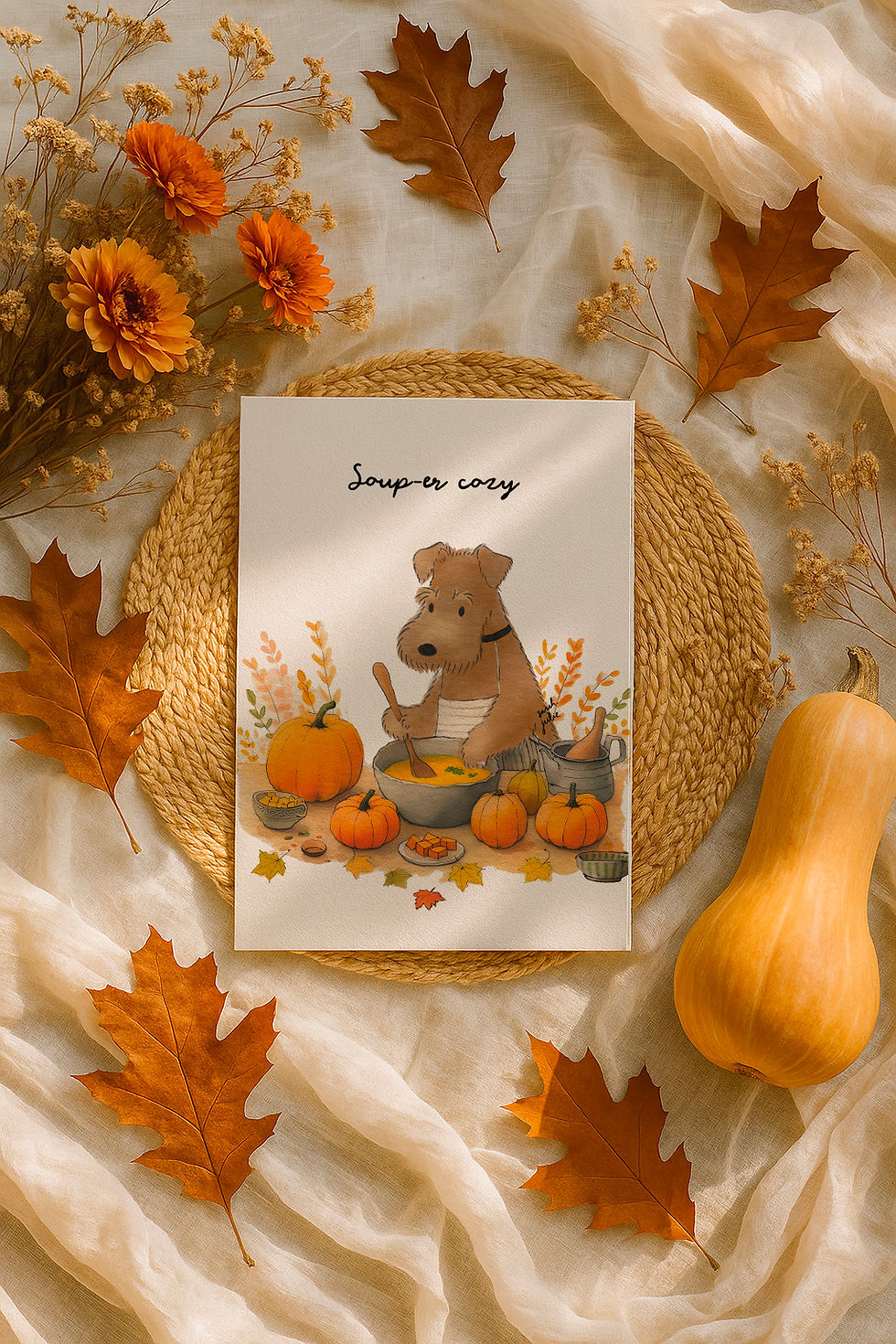 Thumbnail: Fox, welsh/airedale, lakeland terrier & schnauzer preparing soup greeting card