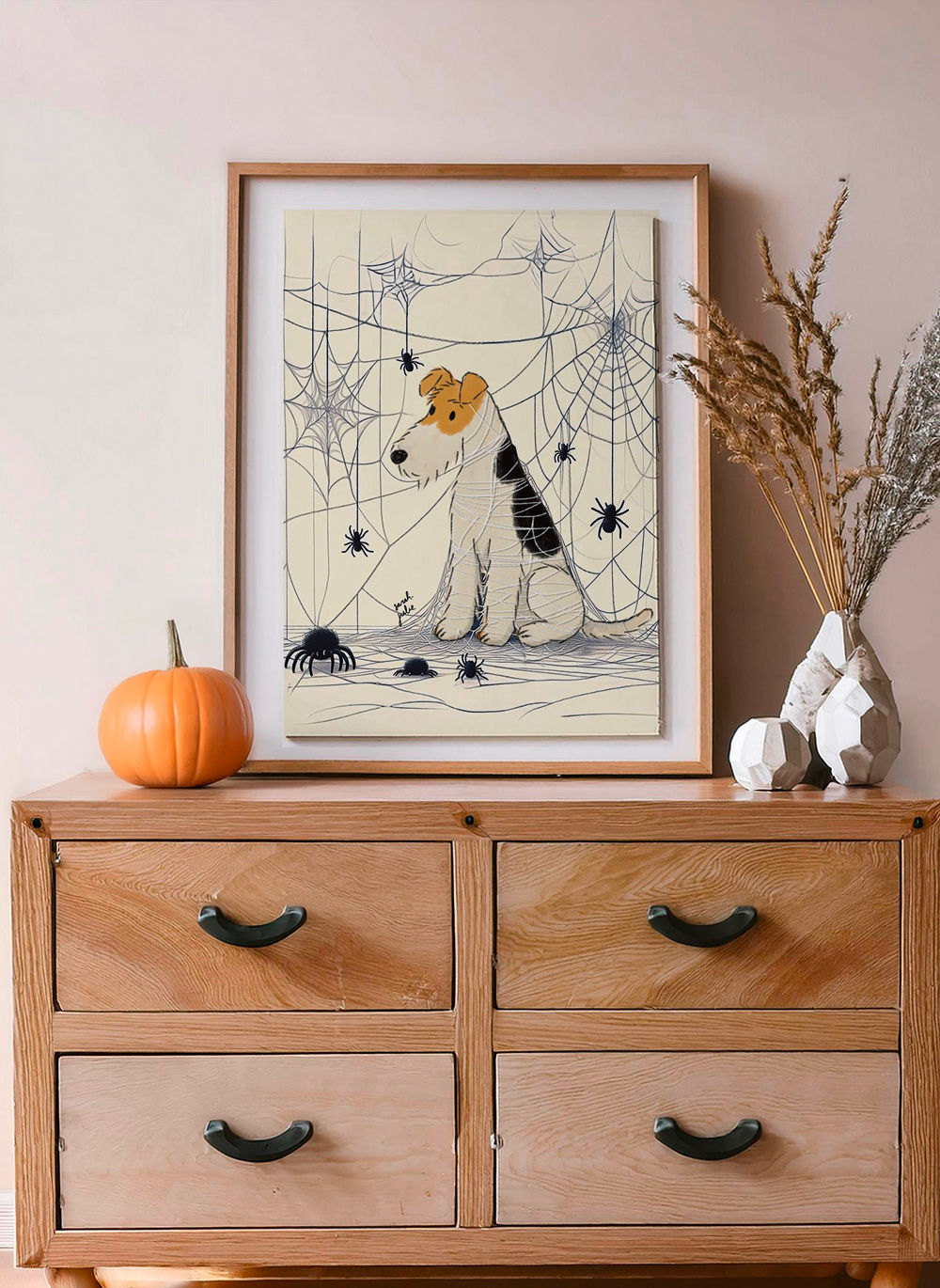 Welsh/airedale, lakeland, fox terrier and schnauzer tangled in spider webs print