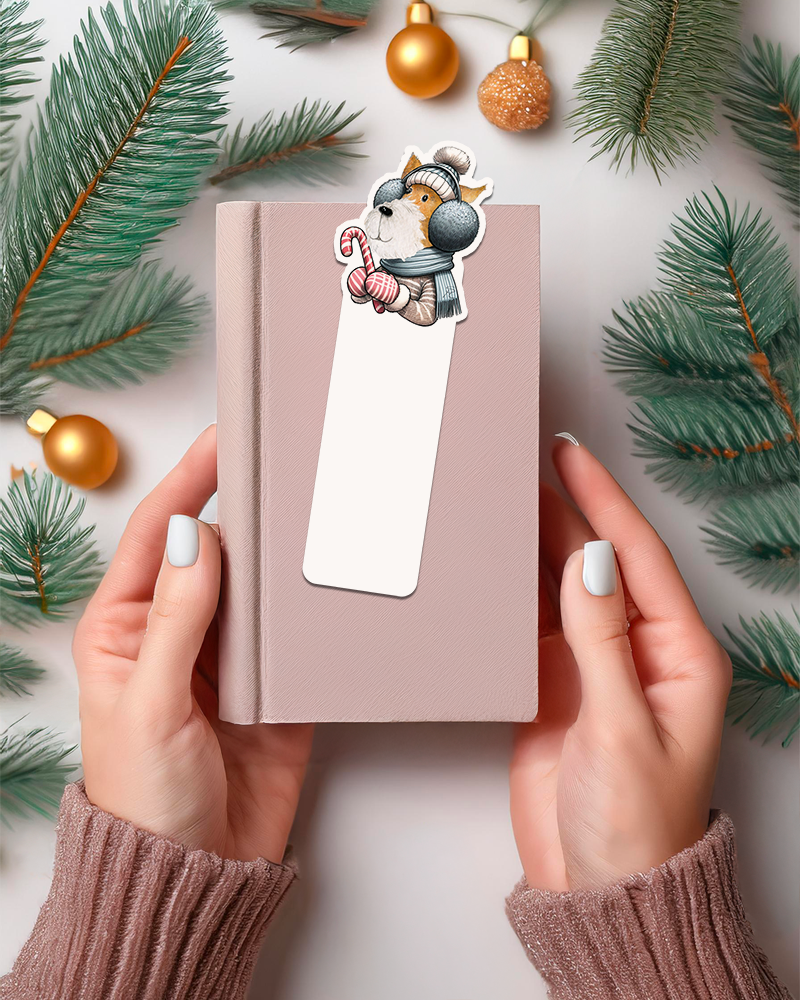 Fox terrier wearing ear muffles and eating candy cane bookmark