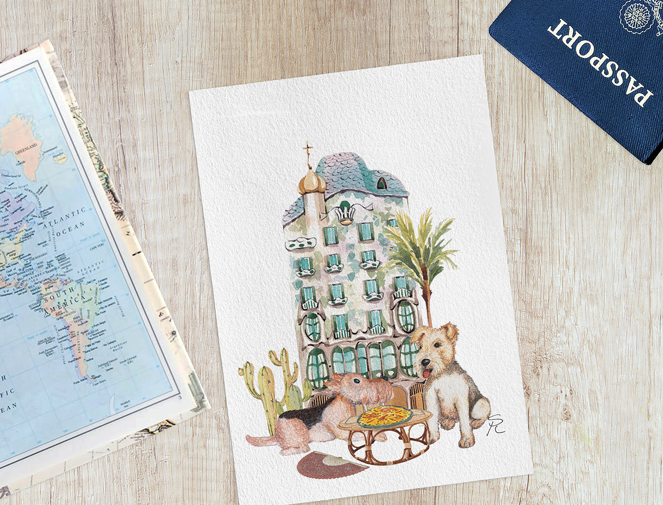 Spain fox and welsh / airedale terrier dogs greeting card