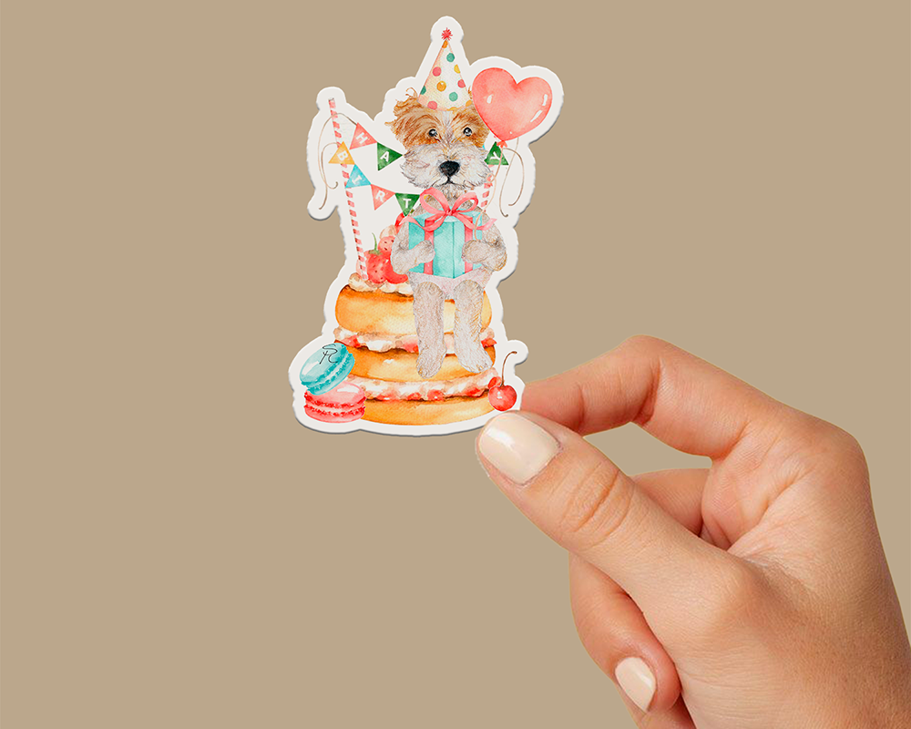 Fox terrier dog sitting on a birthday cake stickers