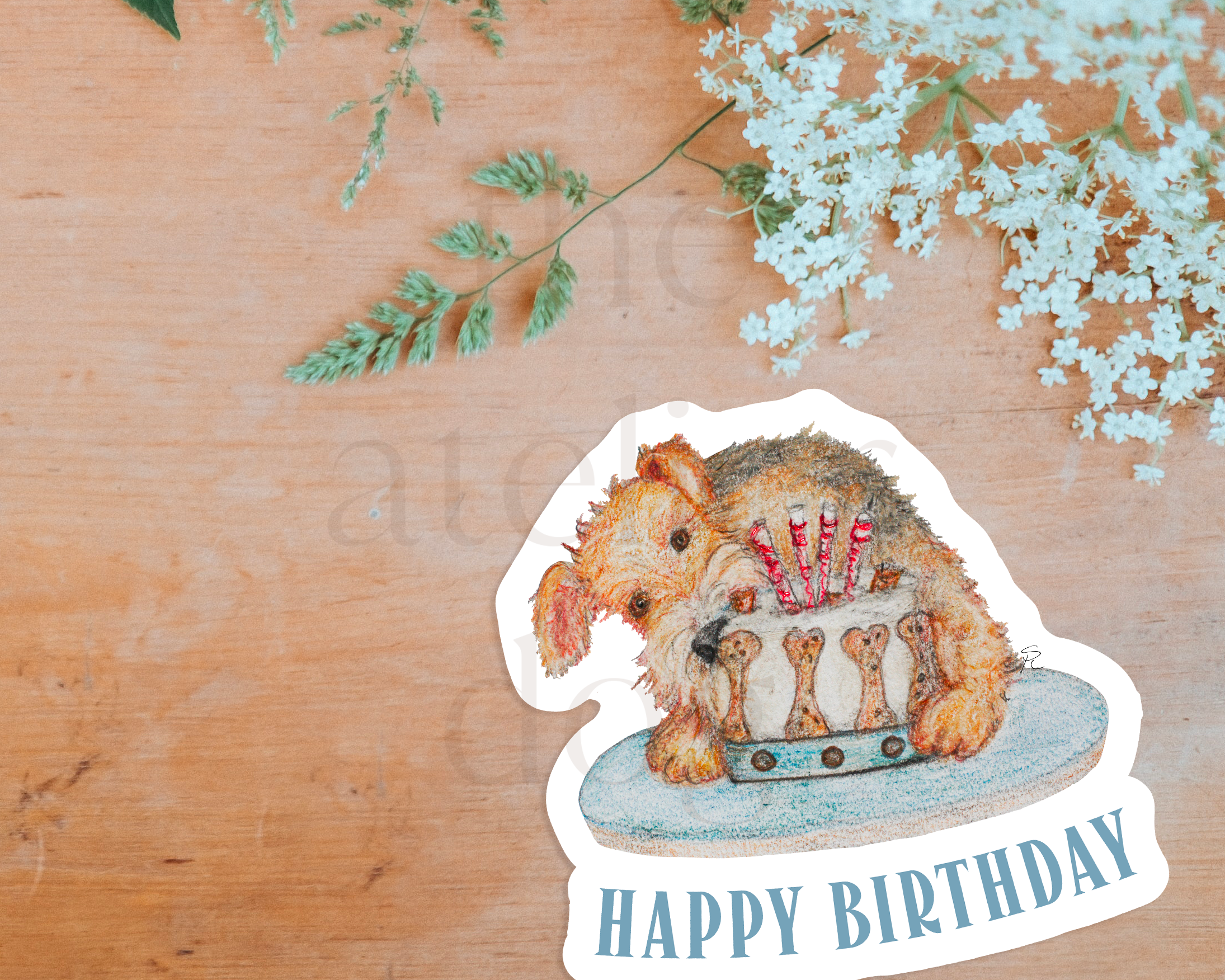 Birthday cake welsh / airedale terrier dog sticker