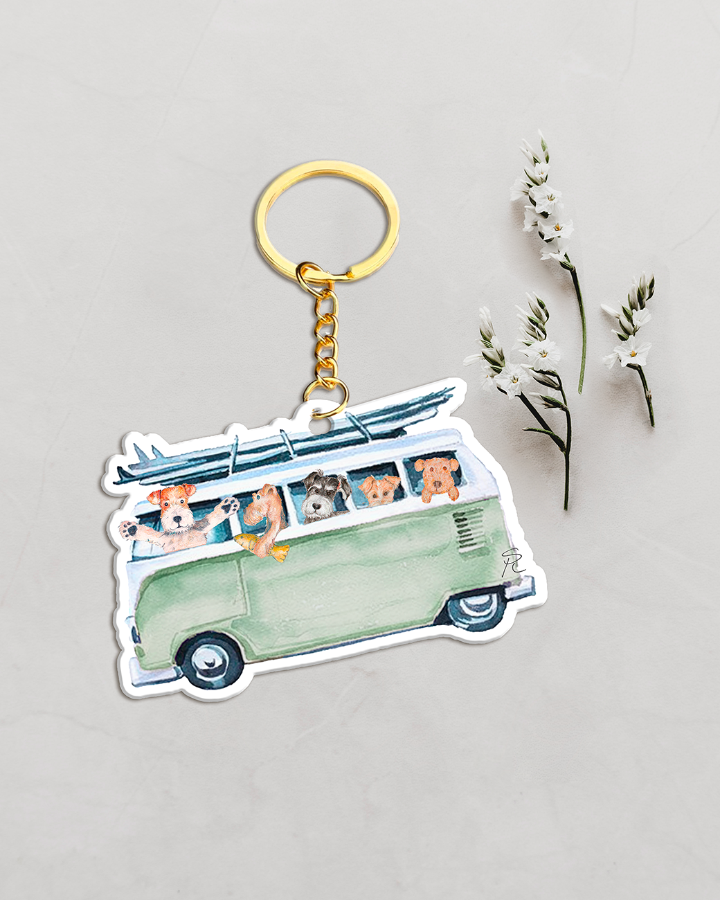 Fox, welsh / airedale, lakeland terrier and schnauzer dogs in a van keychain