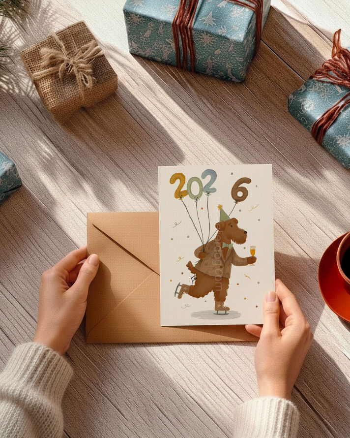 Thumbnail: 2026 rollerskate Fox, welsh/airedale, lakeland terrier & schnauzer greeting card