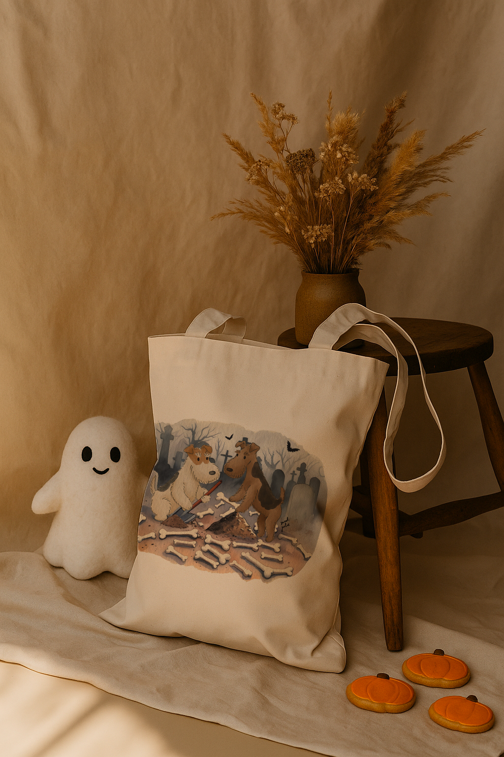 Graveyard Fox and welsh/airedale terrier halloween tote bag