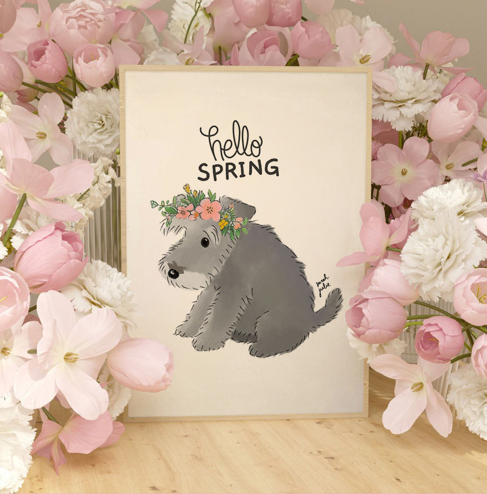 Fox, welsh/airedale, fox terrier and schnauzer wearing a flower crown art print