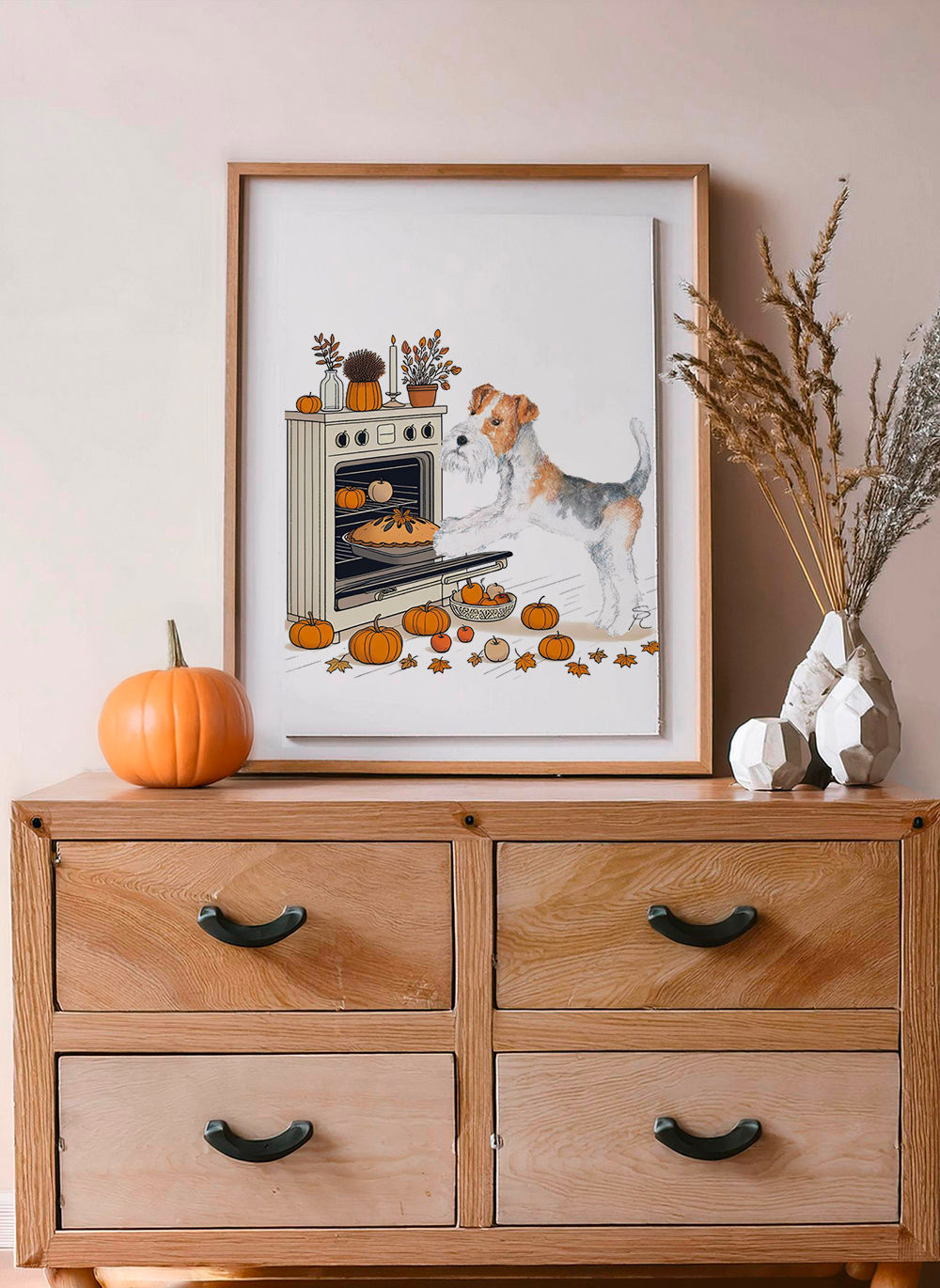 Fox terrier dog baking a pumpkin pie for thanksgiving art print