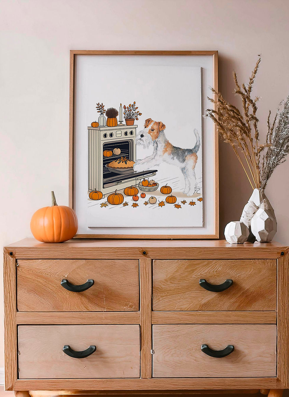 Fox terrier dog baking a pumpkin pie for thanksgiving art print