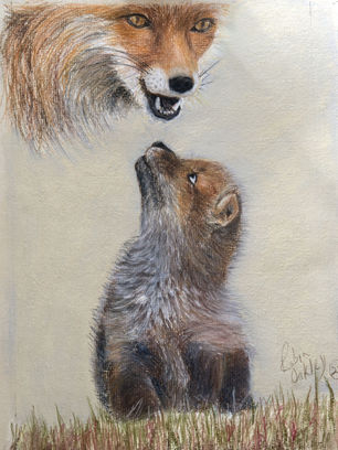 Fox and cub pastel art portrait