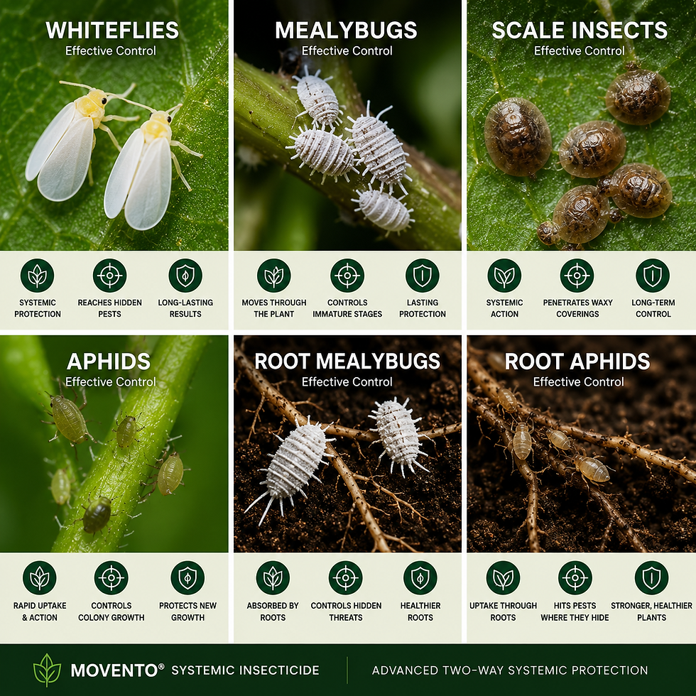 Movento systemic insecticide controls whiteflies mealybugs scale insects aphids root mealybugs and root aphids