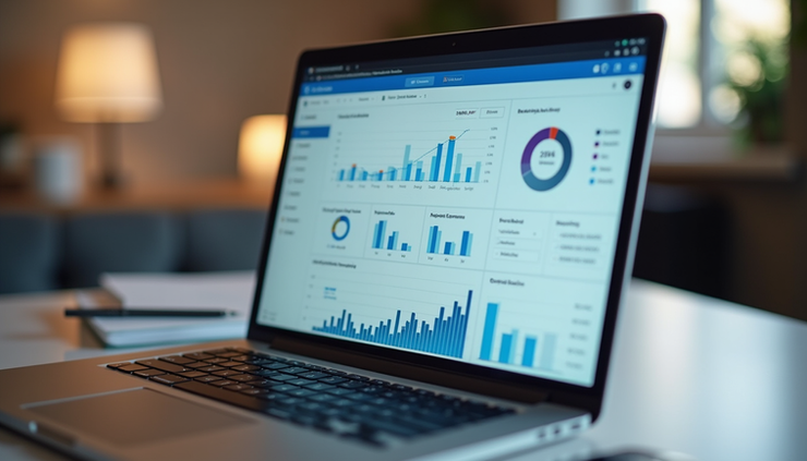 A modern laptop displaying a cloud accounting software dashboard with live charts, graphs, and financial data analytics for UK sole traders.