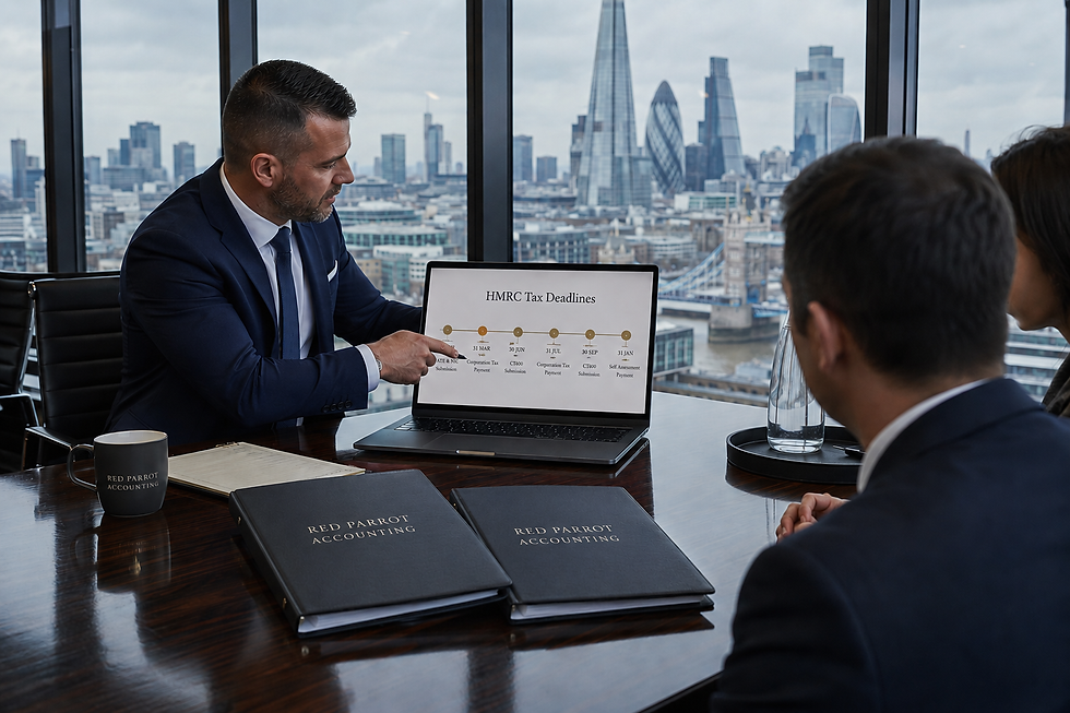 A professional corporate tax advisor reviewing a timeline chart of HMRC tax deadlines with clients in a London office for Red Parrot Accounting.