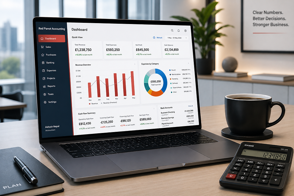 A modern corporate accounting laptop dashboard displaying financial charts for Red Parrot Accounting Ltd, showing profit optimization structures managed by Admin Ashwin Nepal.