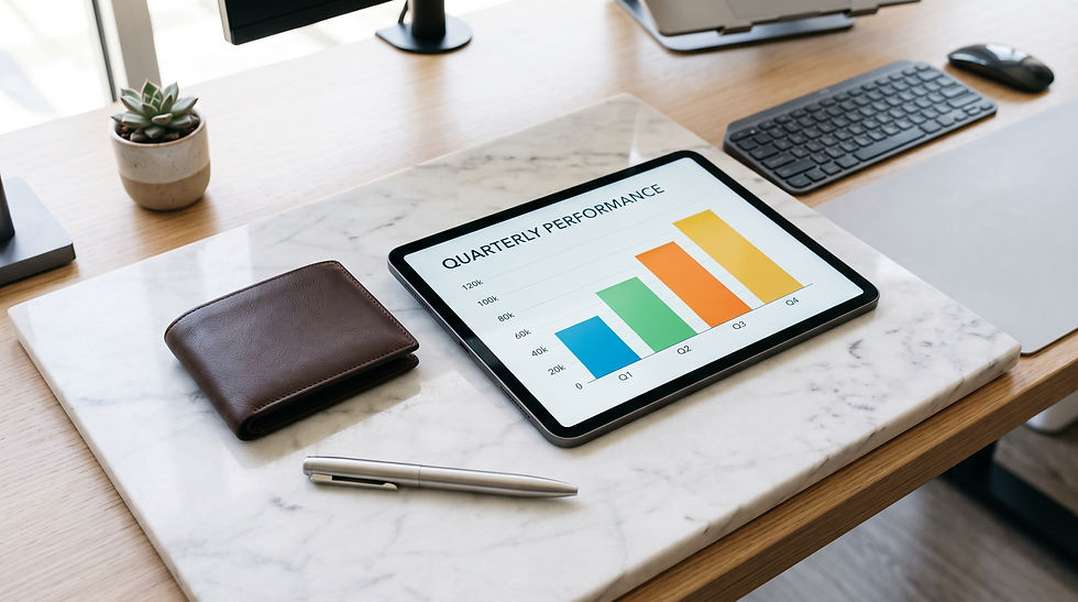 A sleek modern digital tablet displaying a clean quarterly performance growth chart on a marble desk.