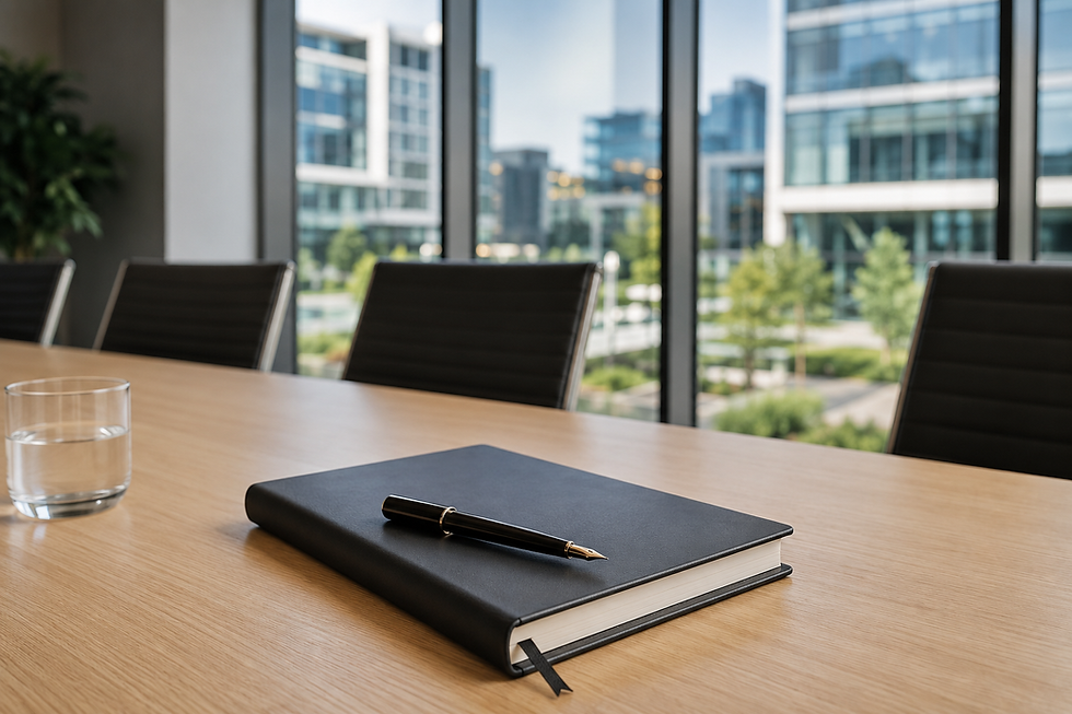 A black executive journal and pen on a light wood boardroom table overlooking a modern corporate office plaza.