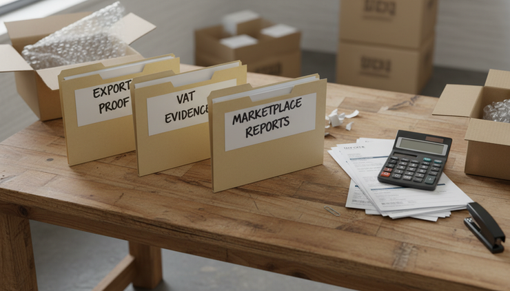Organized office desk with compliance folders for export proofs, VAT evidence, and marketplace reports