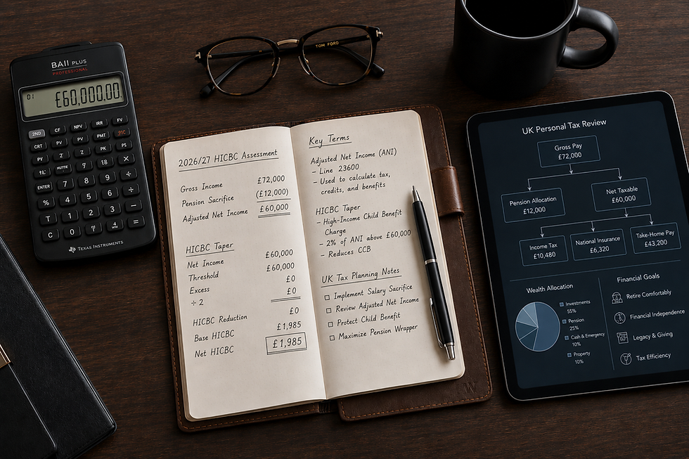 An overhead financial flatlay featuring a notebook with UK 2026/27 HICBC tax calculations and a tablet showing a pension salary sacrifice flow chart.