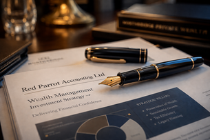 An executive desk layout featuring a Red Parrot Accounting Ltd wealth management and investment strategy document, a classic fountain pen, and strategic pillars for UK corporation tax efficiency.