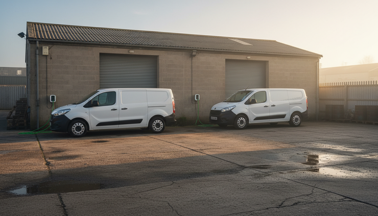 Commercial electric vehicles charging at wall-mounted workplace charge points in a UK business depot.