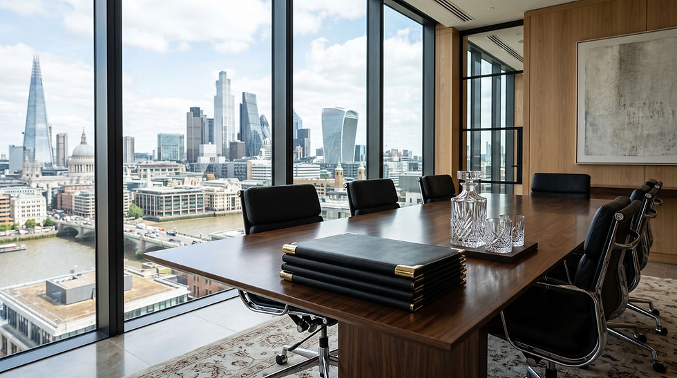 A premium corporate boardroom overlooking the London skyline, prepared for an executive company exit and asset distribution consultation.