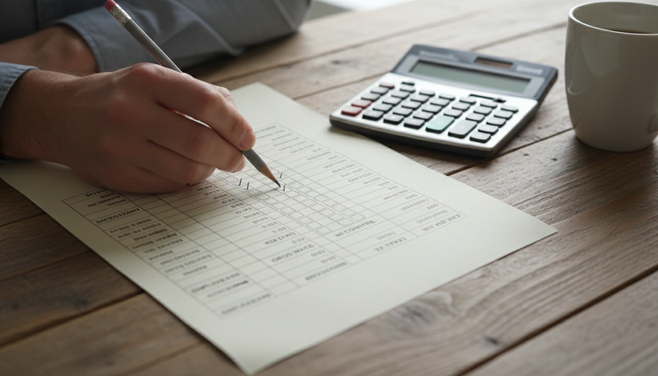 Hands using a calculator and pencil to work out payroll on a financial spreadsheet, with a hot drink on a wooden desk.