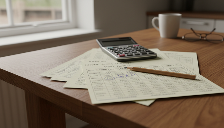Calculator, pencil, and profit calculation sheets on a desk.