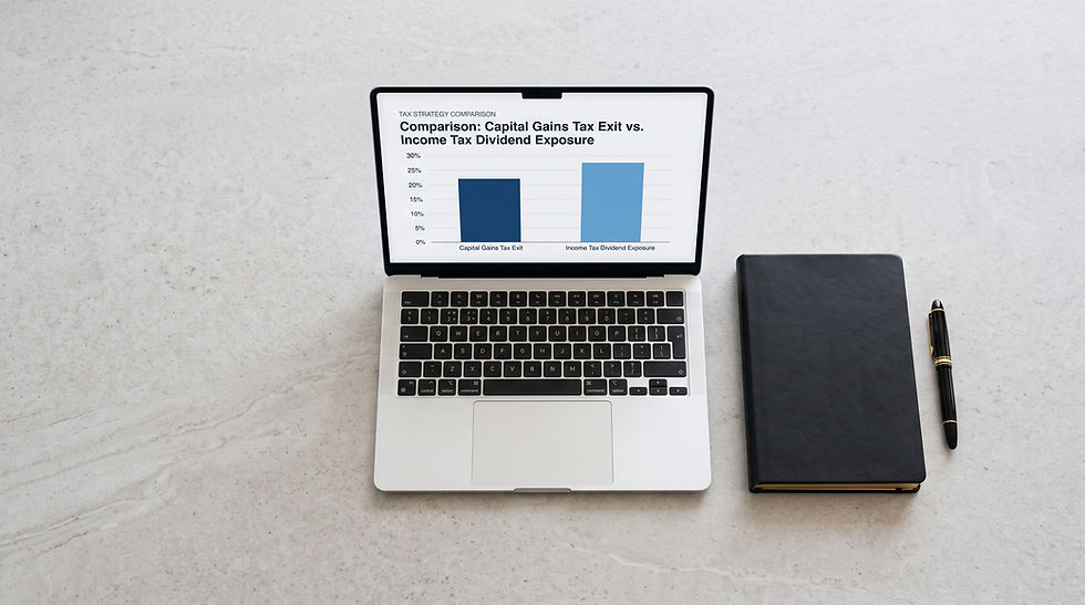 A minimalist executive workspace showing a laptop screen with a tax liability graph comparing a capital gains tax exit vs dividend income tax exposure.