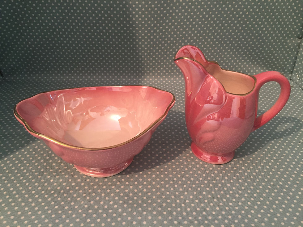 Thumbnail: Maling Pottery pink lustreware milk jug and sugar.