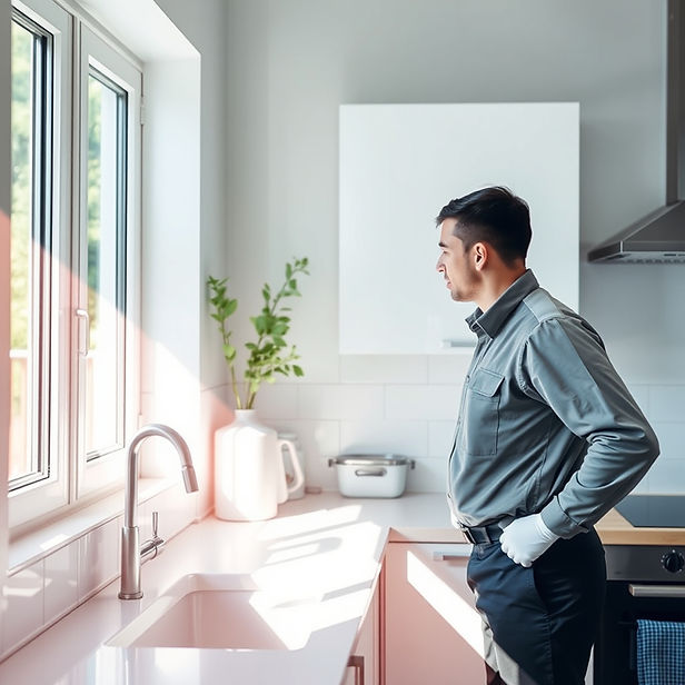 A clean, modern residential kitchen with natural light, a professional pest control techni