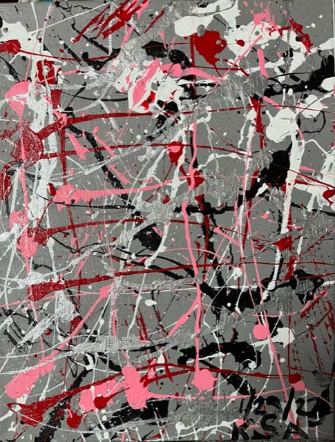 “Going Pollock with Red, Pink, Black, White, & Silver Against a Grey Background”