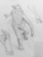 Pencil sketch of a grotesque humanoid monster with floating hands and heads on a blank white page, eerie and unfinished.