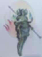 Fantasy painting of a green, horned warrior holding a spear and blue flames, with pink and pale yellow swirls on white paper
