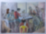 Watercolor painting of men gathered around a chessboard indoors, focused and quiet in muted blues, reds, and grays.