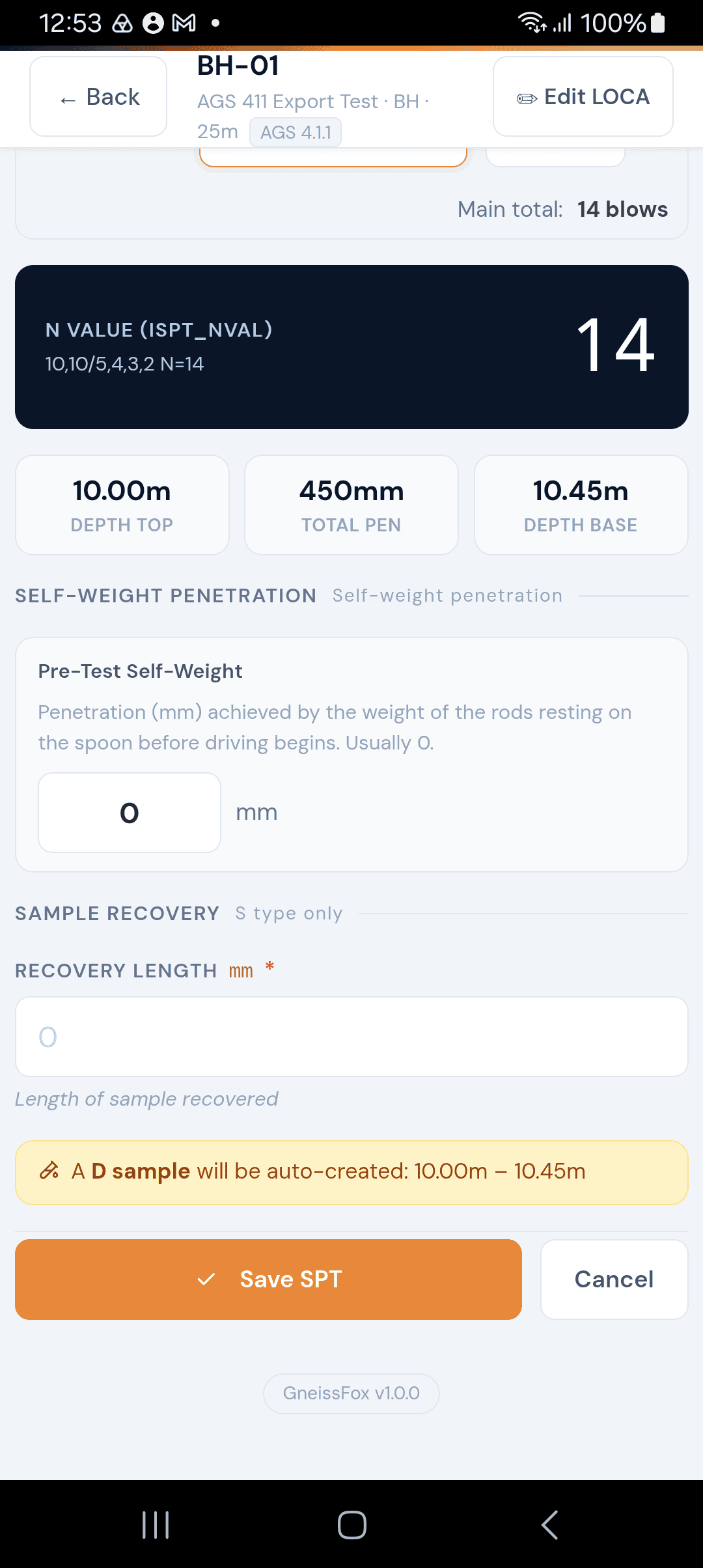 SPT N value and sample recovery