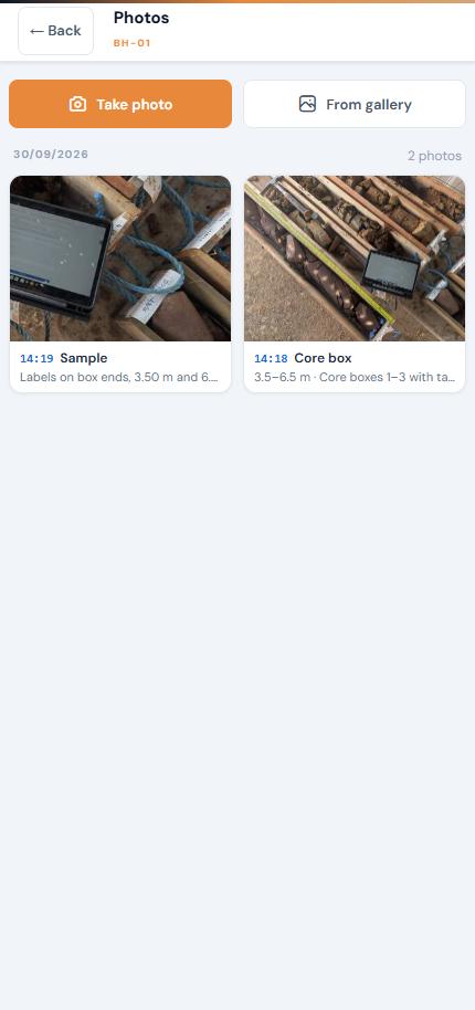 Photos screen with thumbnails grouped by day