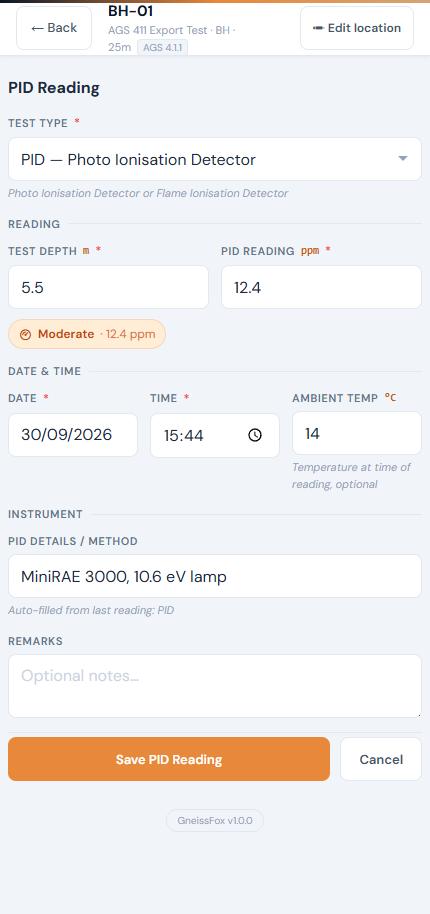 PID reading form with depth, reading level and instrument