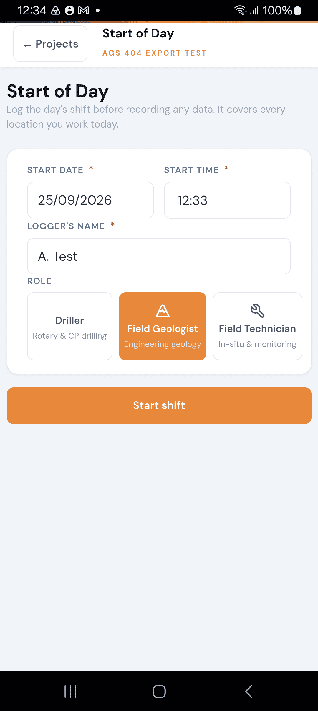 Start of day form — Geologist role